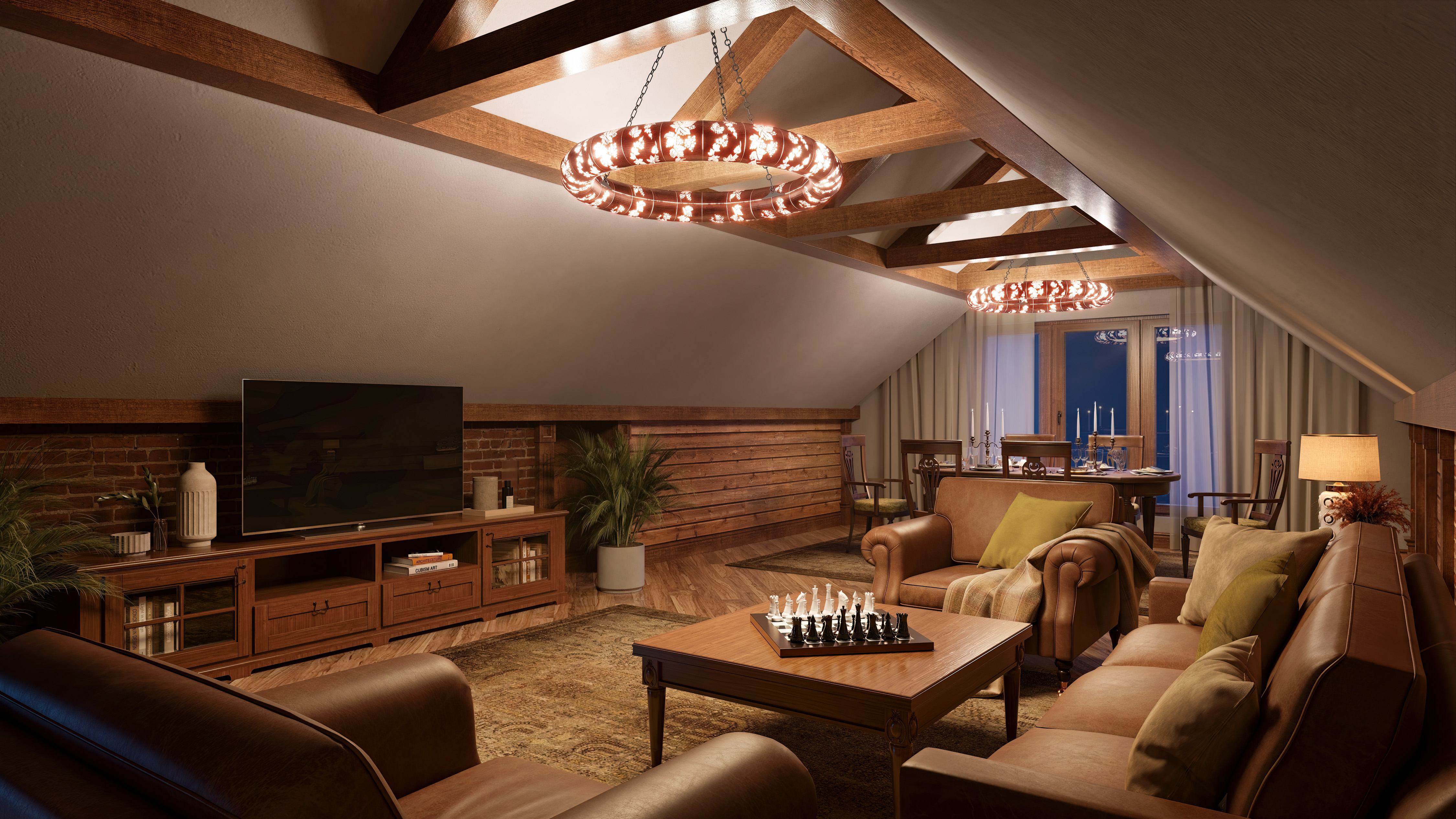 Halo light study casting a warm ring of light in a timber interior